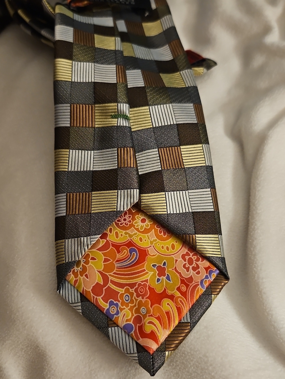JOHN SPARKS Silver Brown and Yellow Psychedelic Geometric Basketweave Tie - Picture 6 of 9